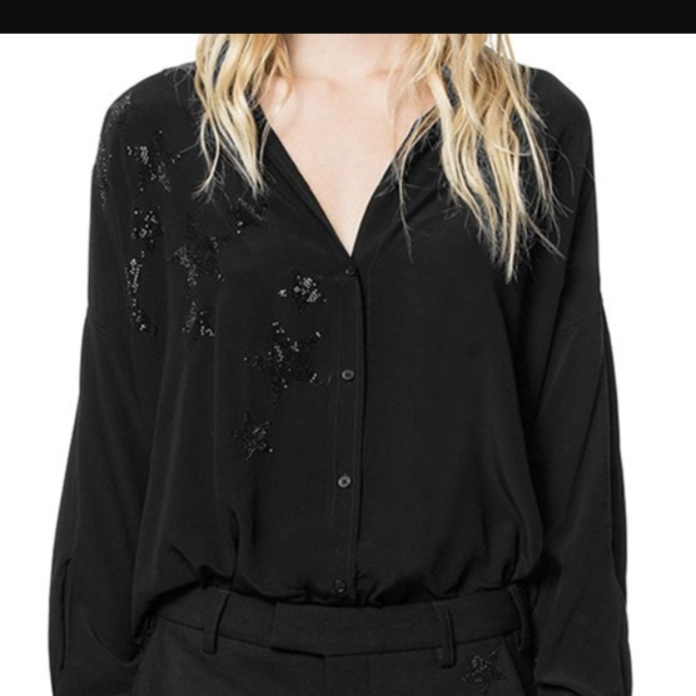 Zadig & Voltaire Tamara Strass Rhinestone Black Button Down Shirt